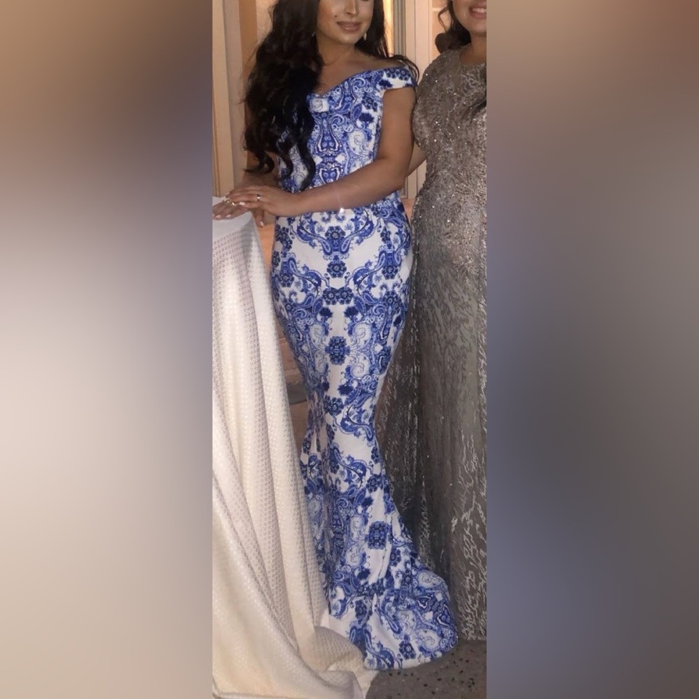 Gorgeous blue and white off the shoulder mermaid cut gown